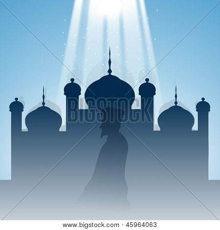 Siluetti muslimi mies käsittelyssä (islamilainen rukous) Namaj moskeija tai Masjid, taustalla pyhä mäki