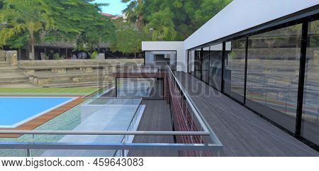Terrace Of A New Hotel In Thailand. Buildings Of An Old Buddhist Temple. Large Pool With Blue Water.