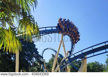 Plailly, France - August 10 2022: Oziris Is A Steel Inverted Roller Coaster Located In Parc Astérix,