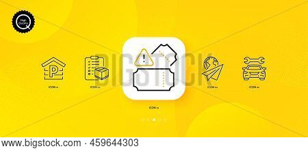 Tickets, Paper Plane And Parking Minimal Line Icons. Yellow Abstract Background. Parcel Checklist, C