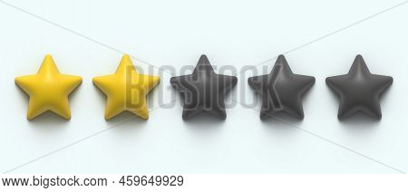 Glossy Yellow 3d Two Star Rating. 3d Render Image. 2 Stars Of 5. Golden Star Shape. Quality Of Servi