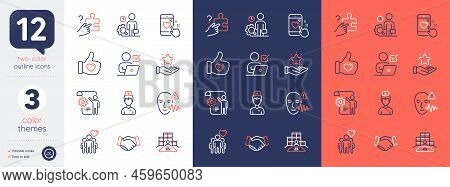 Set Of Handshake, Inspect And Heart Rating Line Icons. Include Online Voting, Doctor, Settings Bluep