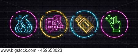 Usb Flash, Fire Energy And Binary Code Minimal Line Icons. Neon Laser 3d Lights. Move Gesture Icons.