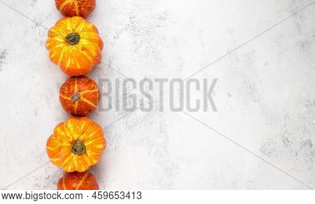 Thanskgiving Flat Lay With Yellow And Orange Pumpkins On Left Side Against White Background. Templat