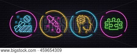 Sale, Chemistry Pipette And Engineering Minimal Line Icons. Neon Laser 3d Lights. Puzzle Icons. For 