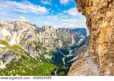 Panoramic View Of Tavernanzes Valley In Dolomites. Piz Forcia Rossa Ridge On Background. Italy