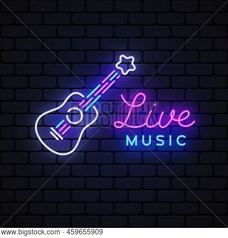 Live Music Neon On Light Background. Music Symbol Vector. Glowing Digital Vector Illustration