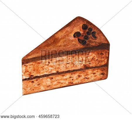 Chocolate Cake With Chocolate Frosting And Chocolate Chips. Watercolor Hand Drawn Illustration Isola
