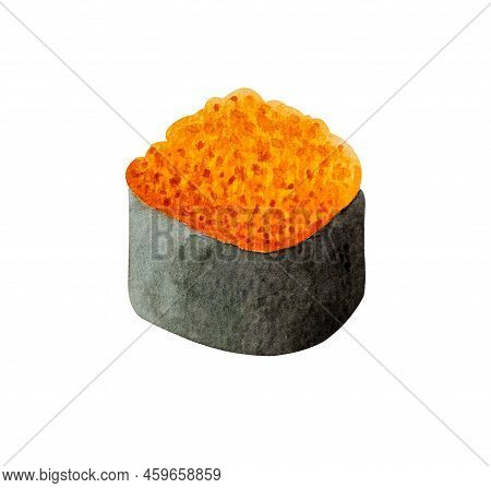 Maki Sushi Topped With Ebiko Shrimp Roe, Japanese Food. Watercolor Hand Drawn Illustration Isolated 