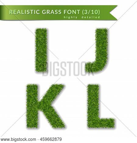 Grass Letters I, J, K, L Set Alphabet 3d Design. Capital Letter Text. Green Font Isolated White Back