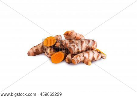 Turmeric Herb Contains Bioactive Compounds Isolated Over White Background.