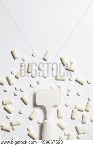 Titanium Dioxide, E171, Dangerous Additive Concept. Gum, Pills, Toothpaste Or Cream And Sign With Sp
