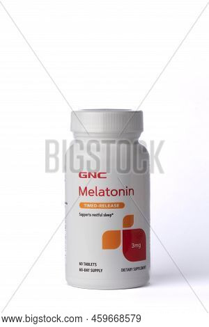 Davis, Ca, July 9, 2022. Bottle Of Cnc Melatonin Time-release 3mg Against White Background, Centered