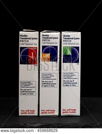 Davis, Ca, 24 July 2022. Nicotine (transdermal Route) Patch Boxes, Steps 1, 2 And 3