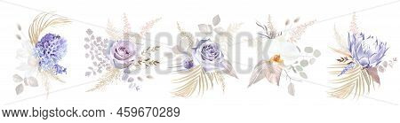 Purple Mauve Rose, Violet Hyacinth, Magnolia, White Orchid, Protea, Pampas Grass, Allium, Dried Palm