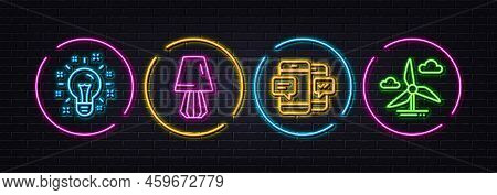Table Lamp, Smartphone Sms And Idea Minimal Line Icons. Neon Laser 3d Lights. Windmill Turbine Icons