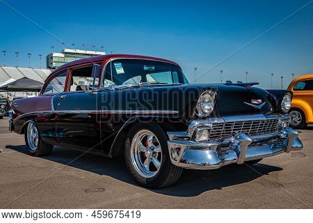 Lebanon, Tn - May 13, 2022: Low Perspective Front Corner View Of A 1956 Chevrolet 210 Delray Coupe A