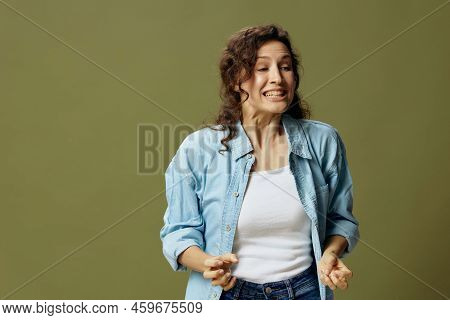 Irritated Evil Screaming Curly Female In Jeans Casual Shirt Scandals With Boyfriend Posing Isolated 