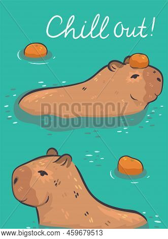 Postcard With A Cute Capybara And An Inscription. Vector Image.