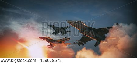 The Fighter Jets Are Taking Off For An Attack. 3d Render And Illustration.