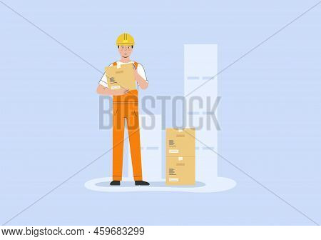 Concept Of Warehouse. Storehouse Cheerful Worker In Uniform Is Holding Cardboard Box In Hands. Fast 