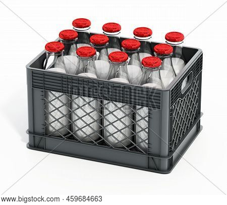 Milk Bottles Inside Plastic Crate. 3d Illustration.