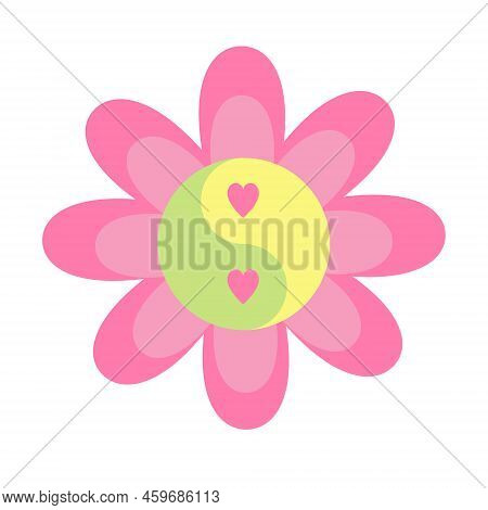 Flower With Yin Yang Symbol With Hearts In Pink Yellow Green Color. Vector Illustration Isolated On 