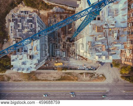 Contstruction Site From Above. Aerial View Of New Apartment Under Construction. Top View Of Building