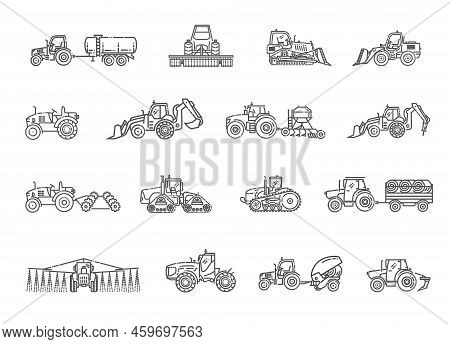 Set Line Icons Of Tractors. The Set Of Agricultural Machinery.