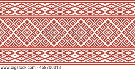 Vector Red Color Seamless Belarusian National Ornament. Ethnic Endless Black Border, Slavic Peoples 