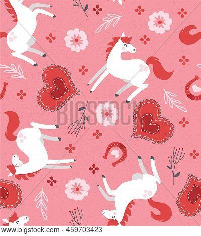 Valentine Ponies Seamless Vector Pattern. These Ponies Are Here To Help Lil Cowgirls Celebrate Valen