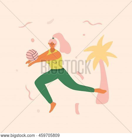 Young Girl Is Playing Beach Volleyball, Receives A Volleyball After An Opponents Attack. Summer Heal