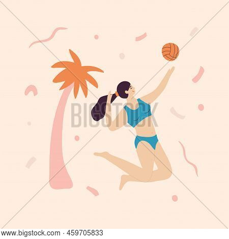 Young Girl Is Playing Beach Volleyball, Attack And Serve The Ball In Volleyball. Summer Healthy Life