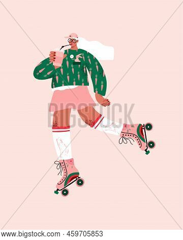 Girl On Retro Roller Skates With Coffee In Hand. Pattern With Carrots On Clothes. Cute Hand Drawn Il