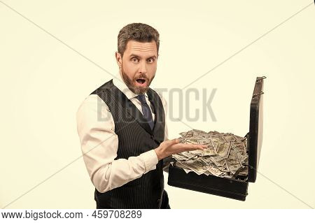 Surprised Guy With Money Cafe Isolated On White Background, Payday
