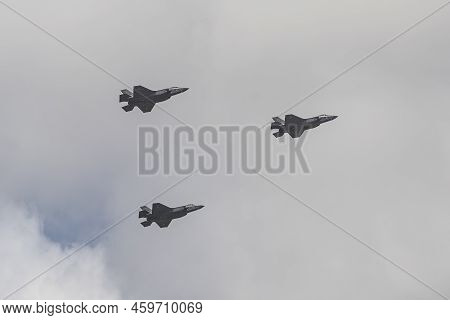 Jerusalem, Israel - May 5th, 2022: Three Israeli Air Force Lockheed Martin F-35 Aircrafts, Flying In