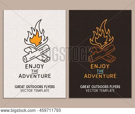Camping Flyer Templates. Travel Adventure Posters Set With Line Art And Flat Emblems And Quotes - En