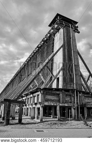 Wooden Construction Of The Historic Graduation Tower In Ciechocinek In Poland, Monochrome