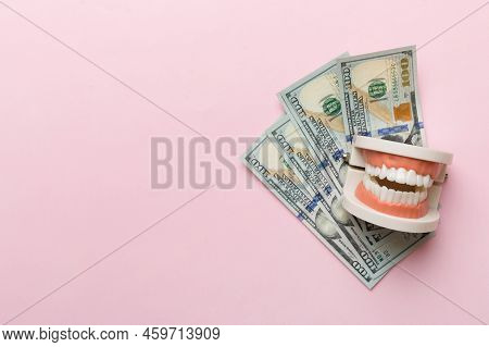 Closeup Model Of A Human Jaw With White Teeth And Dollar Bill. Dentistry Conceptual Photo. Prostheti