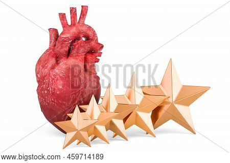 Human Heart With Five Golden Stars. 3d Rendering Isolated On White Background