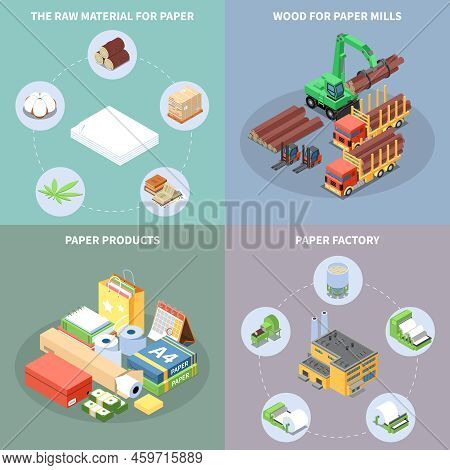 Paper Production Concept Icons Set With Paper Factory Symbols Isometric Isolated Vector Illustration
