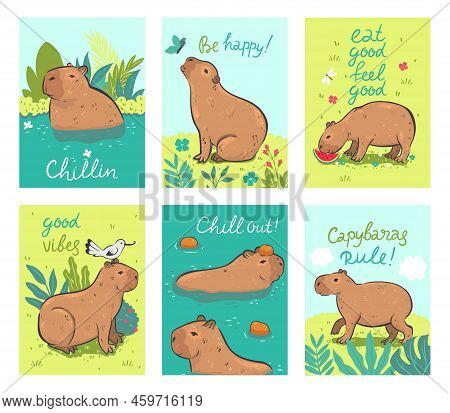 Set Of Cards With Cute Capybaras. Vector Image.