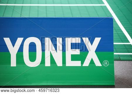 Aarhus, Denmark - October 8, 2021: Yonex Logo Around A Badminton Court. Yonex Is A Japanese Sports E