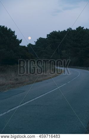 Full Moon View After Sunset From The Forest Road Near São Pedro De Maceda Beach In Ovar - Portugal.