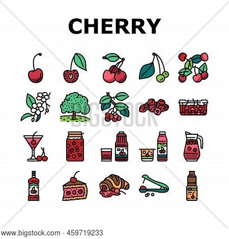 Cherry Vitamin Freshness Berry Icons Set Vector. Cherry Compote And Juice, Alcoholic Cocktail And Yo