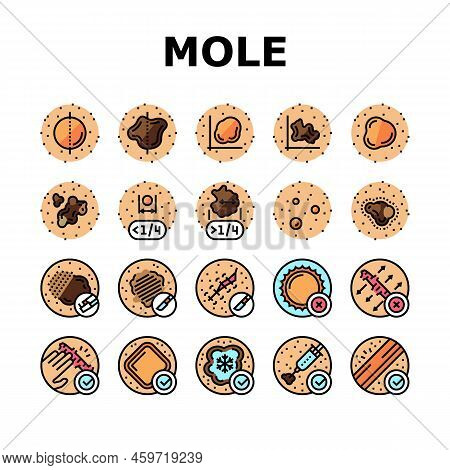 Mole Skin Problem And Disease Icons Set Vector. Asymmetrical And Uneven Borders Melanoma, Laser And 