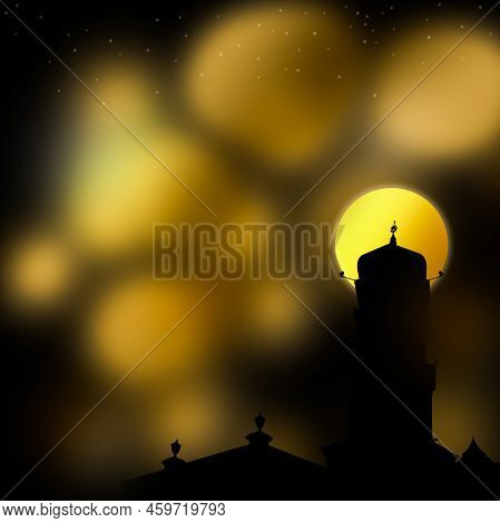 Mosques Dome And Moon On Night Twilight Gold Bokeh Background.silhouette Architecture Minaret Islam 
