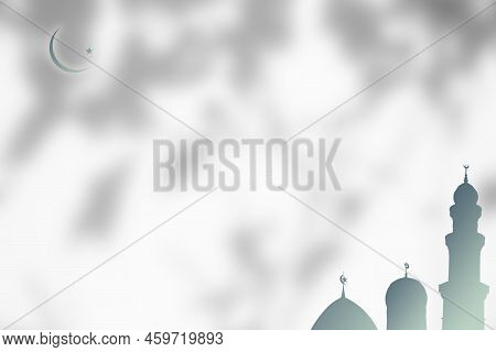Mosques Dome And Moon On Shadow Plant Leaves Background.silhouette Architecture Minaret Islam Muslim