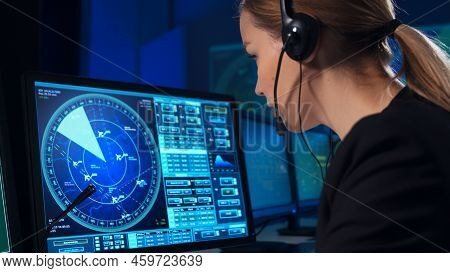 Workplace Of The Air Traffic Controllers In The Control Tower. Team Of Professional Aircraft Control