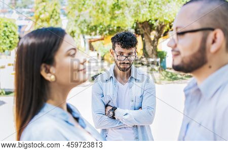 Sad Man Seeing His Girlfriend Cheating With His Friend Outdoors, Sad Boyfriend Seeing His Girlfriend
